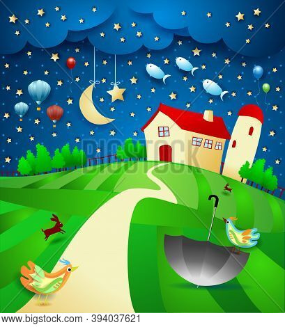 Surreal Nigth With Farm, Umbrella And Flying Fishes. Vector Illustration Eps10