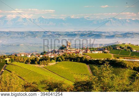 View of the village of Serralunga d`Alba and the wonderful Langa, italy