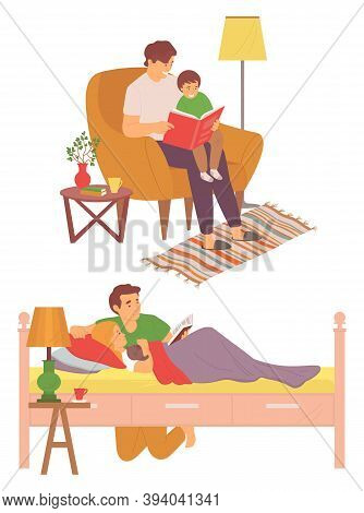 Daddy Caring For Child Vector, Father Reading Books In Evening, Male Educating Son Sitting In Armcha