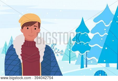 Male Personage In Warm Clothing Posing On Inter Scenery Background. Landscape With Trees And Hills C