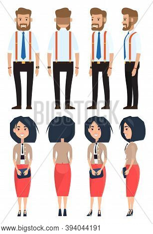 Stylish Businesspeople Wearing Office Suits, Accessories. Elegance Jacket And Dress. Office Worker D