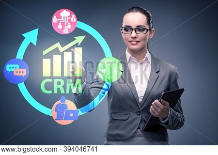 CRM custromer relationship management concept with businesswoman