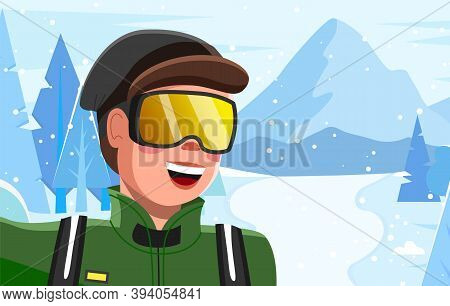 Young Happy Man In Winter Outwear Ski Mask On Snow Landscape Vector Flat Cartoon Illustration. Male 