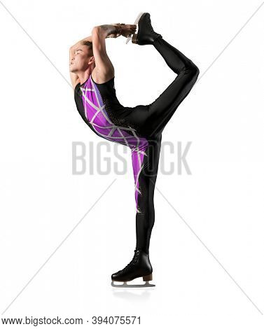 Biellmann spin. Man figure skating in action on white background