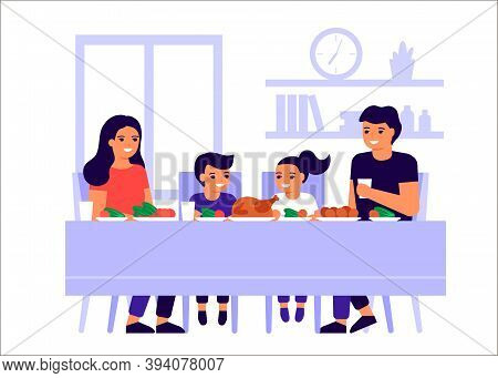 Family Father, Mother And Children Are Sitting Together At Table, Talking And Eating. Happy Family C