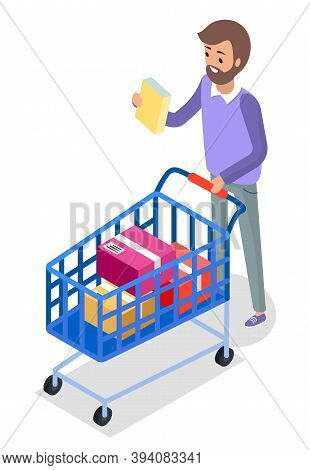 Man With Shopping Cart On Wheels With Colorful Boxes On White Background. Buyer Male Character With 