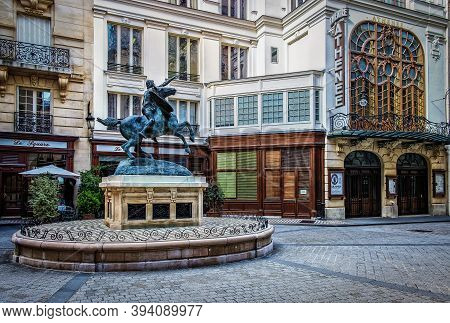 Paris, France, Fev 2020, Square Of The Opera Louis Jouvet With A Statue Of Pegasus And The Athenee T