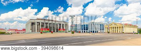Minsk, Belarus, July 26, 2020: Panoramic View Of October Square With Palace Of The Republic Palatial