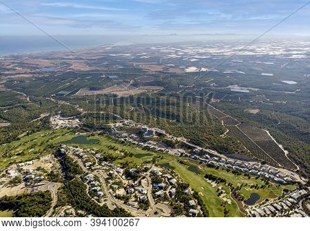 Aerial Panoramic Image Las Colinas Golf Course Modern Luxury Villas And Surrounding Countryside. Med