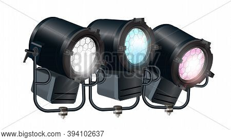 Realistic Vector Multi-colored Floodlights, Spotlights, Studio Lights. Spotlights- Isolated On White