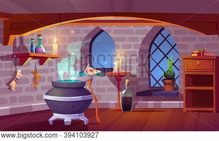 Magic Room Interior With Witch Stuff Cauldron, Staff With Bird Skull, Burning Candles, Potion In Bea
