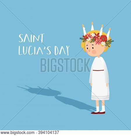 Little Blonde Girl With Floral Wreath And Candle Crown And Long Shadow. Saint Lucia. Swedish Christm