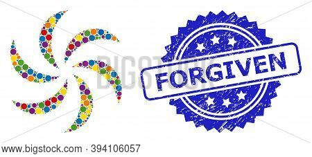 Circle Mosaic Turbine Rotation And Forgiven Grunge Stamp Print. Blue Stamp Seal Includes Forgiven Ti