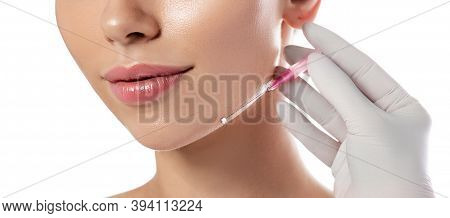Woman Receives A Facelift, Procedure Mesothreads Lifting Skin. Cosmetic Surgery, Mesothreads Lifting