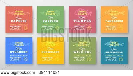 Fresh Fillets Premium Quality Labels Collection. Abstract Vector Seafood Packaging Design Layouts Se