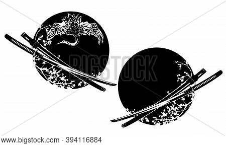 Samurai Katana Sword, Blooming Sakura Branches And Crane Bird - Japanese Martial Arts Black And Whit