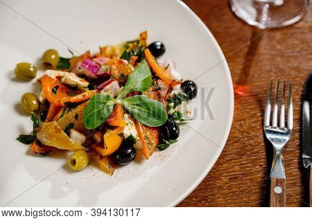 Salad Baked Eggplant And Fresh Tomatoes. Top View.vegetable Salad, Healthy Food