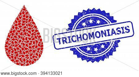 Vector Fractal Collage Blood Drop, And Trichomoniasis Dirty Stamp Seal. Blue Stamp Seal Has Trichomo