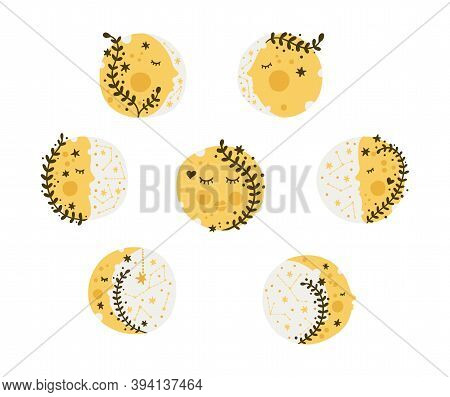Celestial Moon Icon Set. Moom Phase Cartoon Astronomy Design. Perfect For Kids Apparel, Children Pri