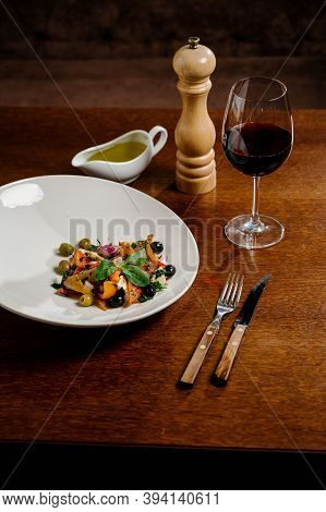 Salad Baked Eggplant And Fresh Tomatoes. Top View.vegetable Salad, Healthy Food