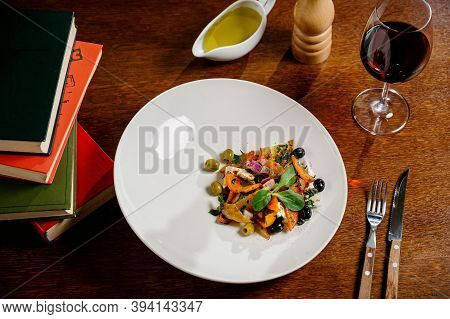 Salad Baked Eggplant And Fresh Tomatoes. Top View.vegetable Salad, Healthy Food