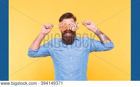 Funny Bearded Man Hold Sugar Glasses Rainbow Swirl Candy Lollipops For Birthday Party Holiday Celebr