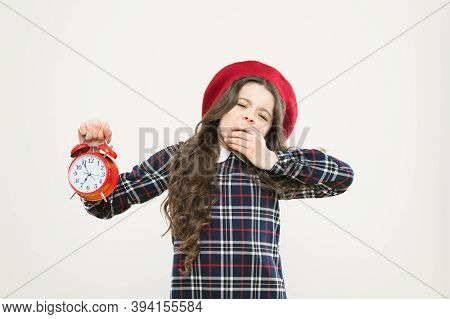 Its Time To Go To Sleep. Sleepy Little Girl In Evening Time On Yellow Background. Yawning Small Chil