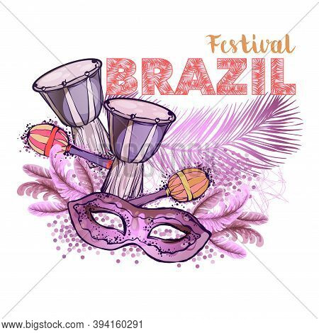 Ethnic Drum, Tomtoms And Exotic Leaves. Color Sketch Drawing, Isolated Object On A White Background