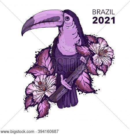Tropical Bird Toucan And Exotic Leaves. Color Sketch Drawing, Isolated Object On A White Background