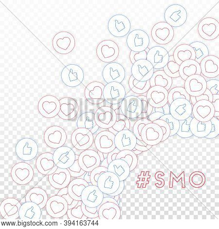Social Media Icons. Smo Concept. Falling Scattered Thumbs Up Hearts. Radiant Right Bottom Corner Ele