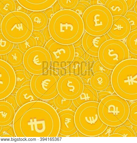International Currencies Coins Seamless Pattern. Beauteous Scattered Global Coins. Big Win Or Succes