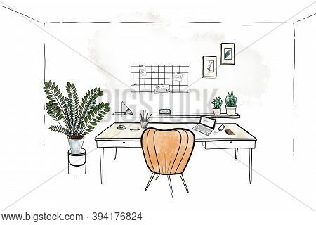 Office Workstation Furniture Interior Concept. Flat Graphic Design Cartoon Illustration. Workspace W
