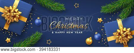 Christmas Banner. Realistic Blue Gift Boxes With Golden Bow, Gold Stars, Balls And Pine Branches. Xm