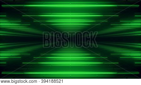 Abstract Green Futuristic Background. Space From Glowing Neon Light Tubes Of Astera On A Black Backg