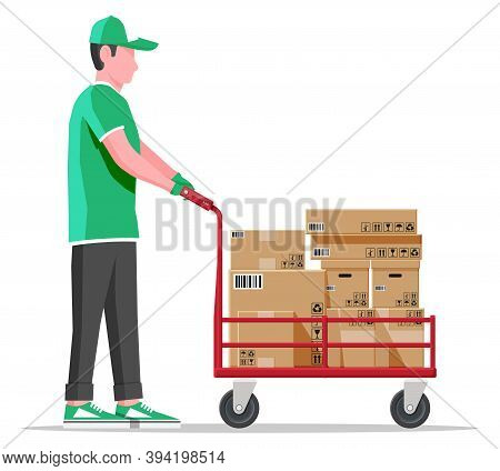 Courier With Barrow Full Of Boxes Isolated On White. Metallic Wheeled Trolley With Cardboard Box And