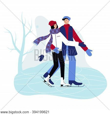 Couple Is Skating Together On Ice Rink. A Men And Women Are Dancing On Ice, Man Hugs His Partner And