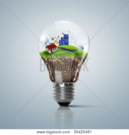 ECOLOY ábra-lámpa izzó, tiszta természet és a megújuló energiaforrások jelet belül