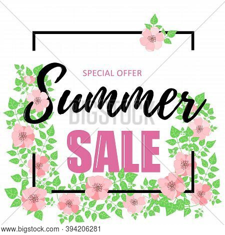Summer Sale Banner With Dog-rose Flowers. Design For Advertising Banners, Labels, Posters, Web Prese