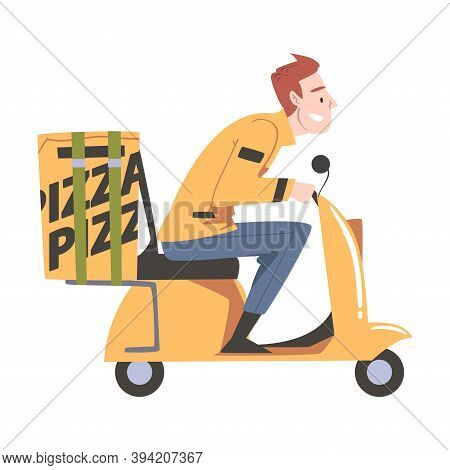 Delivery Man Riding Scooter, Pizza Delivery Service Cartoon Style Vector Illustration