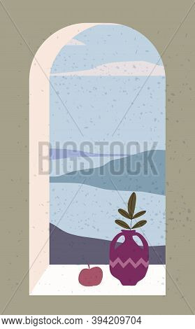 Open Old Window With Landscape Absctract View And Stillife, Vase, Friut. Mountains Sea And Ocean. Mi
