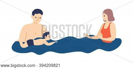 Parents Teaching Child To Swim. Family On Vacation. Mother And Father Spend Time With Kid In Swimmin