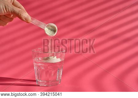 Collagen Protein Powder - Hydrolyzed Added To A Glass Of Water. Additional Protein Intake. Natural S