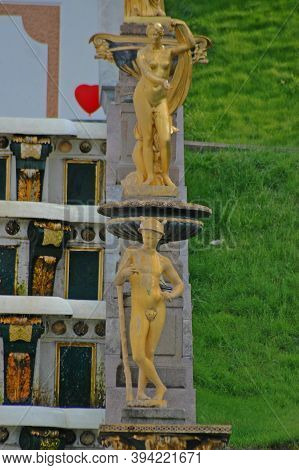 Gold Plated Sculptures By Fountains Grand Cascade In Pertergof, Saint-petersburg, Russia
