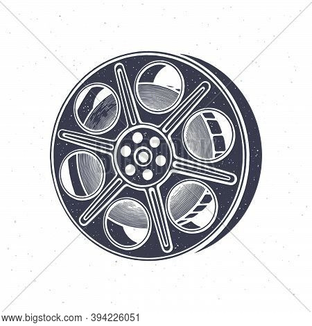 Silhouette of film stock. Vector illustration. Vintage camera reel. Movie industry. Retro cinema strip. Сlipart for signboards, showcases, emblems. Isolated white background