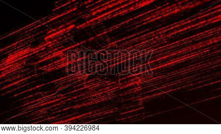 Red Digital Dotted Lines Flowing On Black Background. Animation. Abstract Futuristic Data Or Energy 