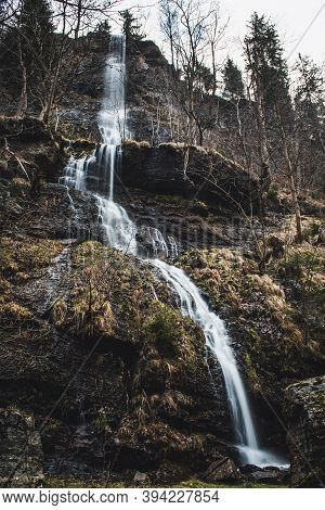 Romkerhalle Waterfall At Romkeklippe. High Scenic Waterfall Near Goslar At Harz Mountains National P