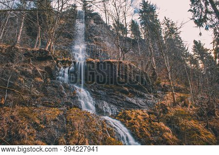 Romkerhalle Waterfall At Romkeklippe. High Scenic Waterfall Near Goslar At Harz Mountains National P
