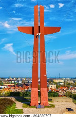 Gdansk, Poland - May 14, 2017: Millennium Cross Monument On The Gradowa Hill And City View Point. Th