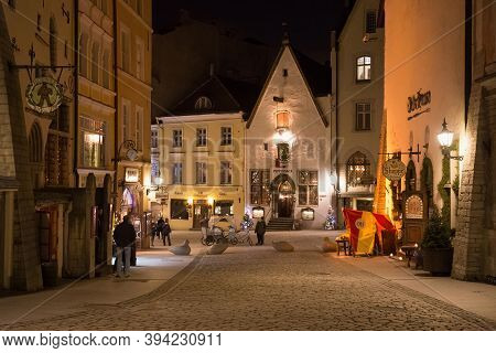 Tallinn, Estonia - January 12, 2018: Night View Of The Old Buildings In The Historical Part Of Talli