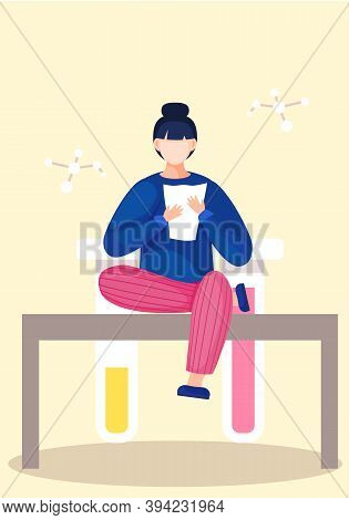An Experiment In The Laboratory. Research In The Chemistry Room. Reagents In Test Tubes. Girl Sittin